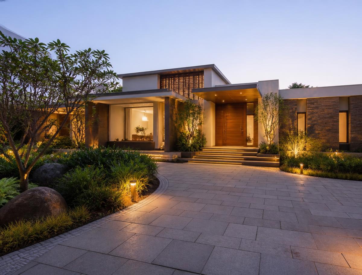Newly completed contemporary Indian villa with a landscaped stone driveway at dusk