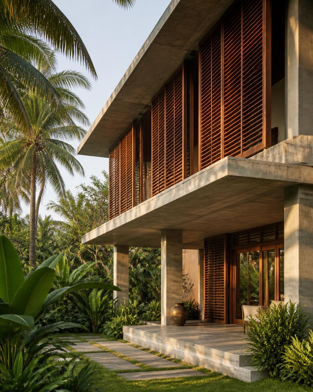 Tropical-modern Indian residence with exposed concrete planes and teak louvred screens