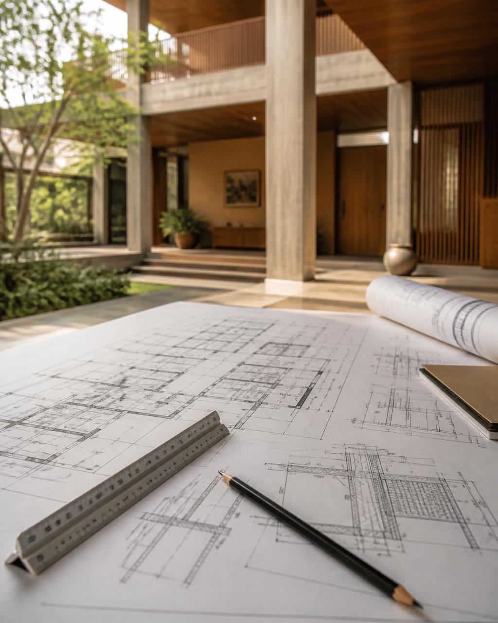 Structural drawings for an Indian home laid out in front of a finished concrete-and-teak residence