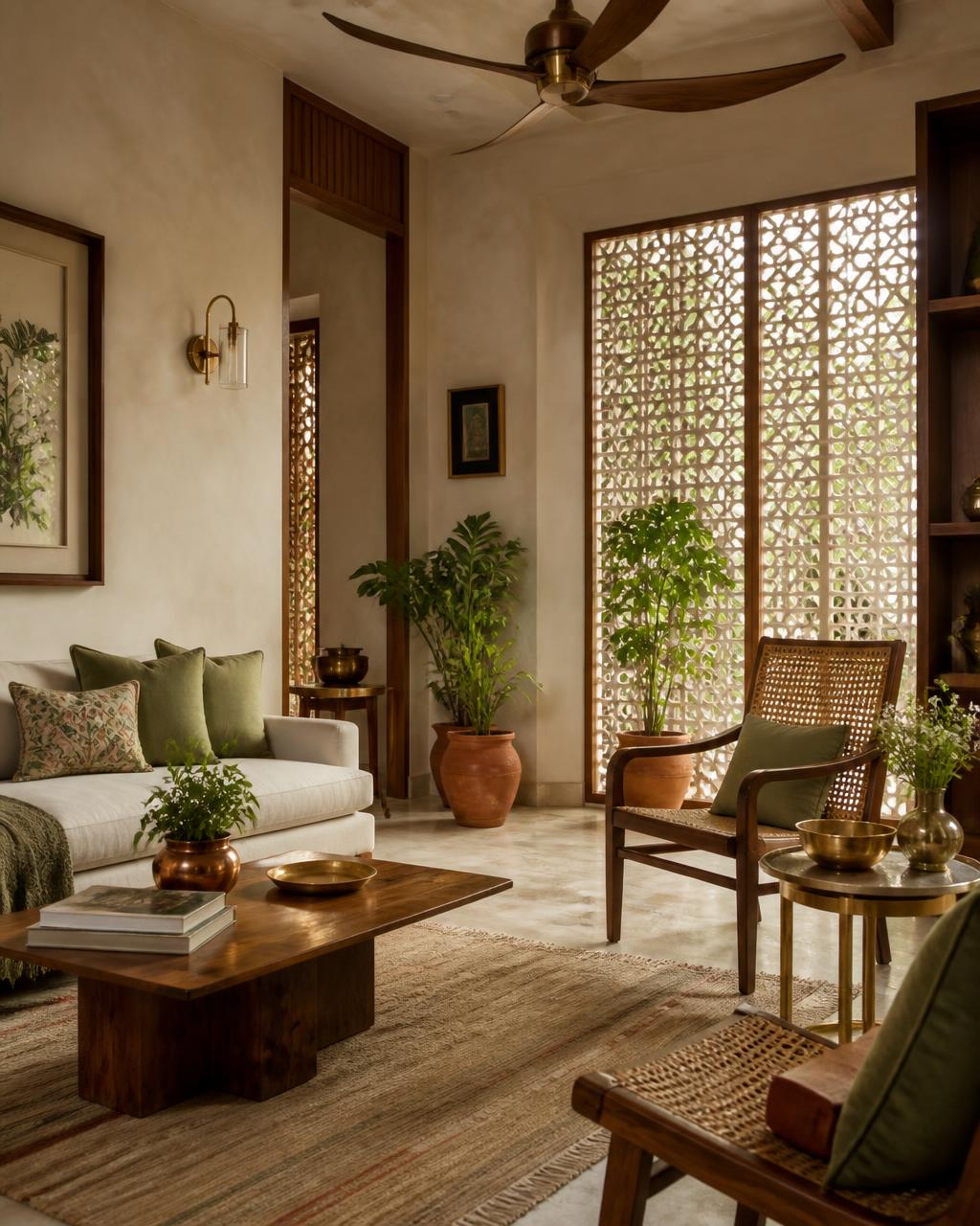 Warm Indian living room with teak, cane, brass and terracotta beside a jaali screen