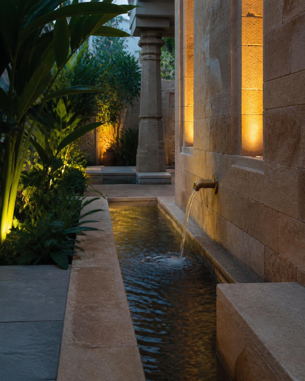 Indian home courtyard detail with a stone water channel, brass spout and warm concealed lighting