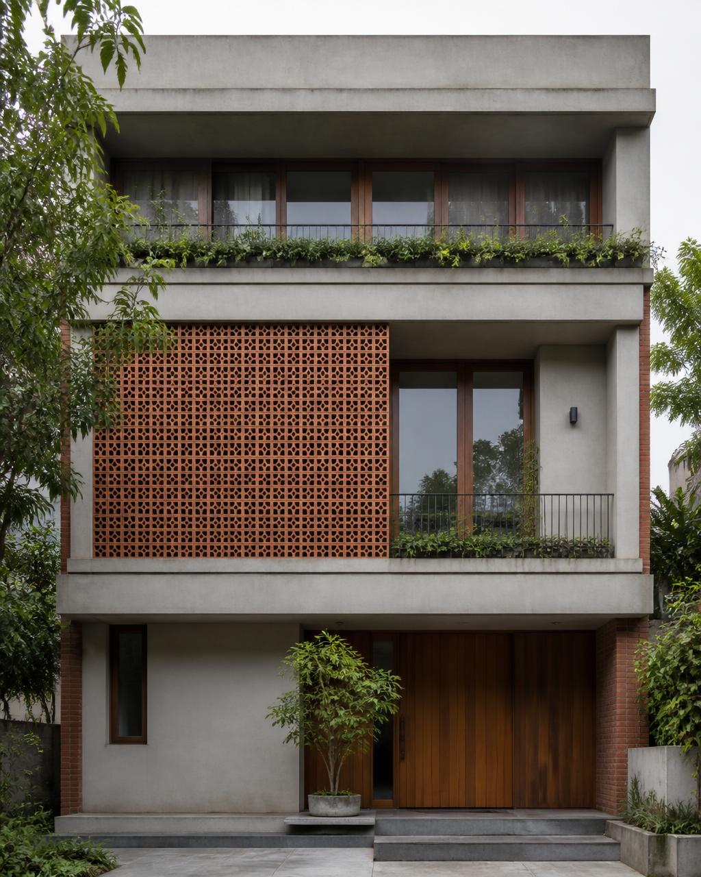 Facade study of a contemporary Indian residence with a terracotta jaali panel and teak entrance