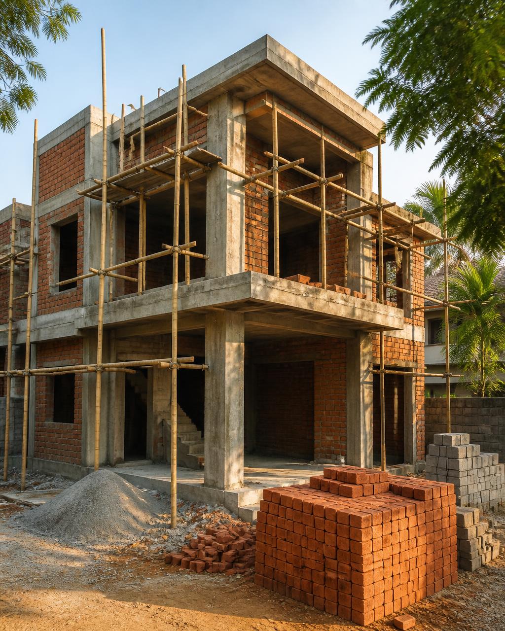 Indian residential villa under construction with red brick infill, RCC frame and bamboo scaffolding