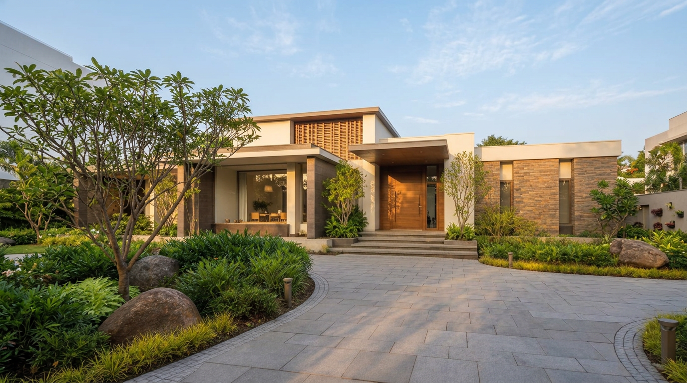 Contemporary Indian villa with stone-clad walls, teak entrance door and landscaped driveway in warm daylight