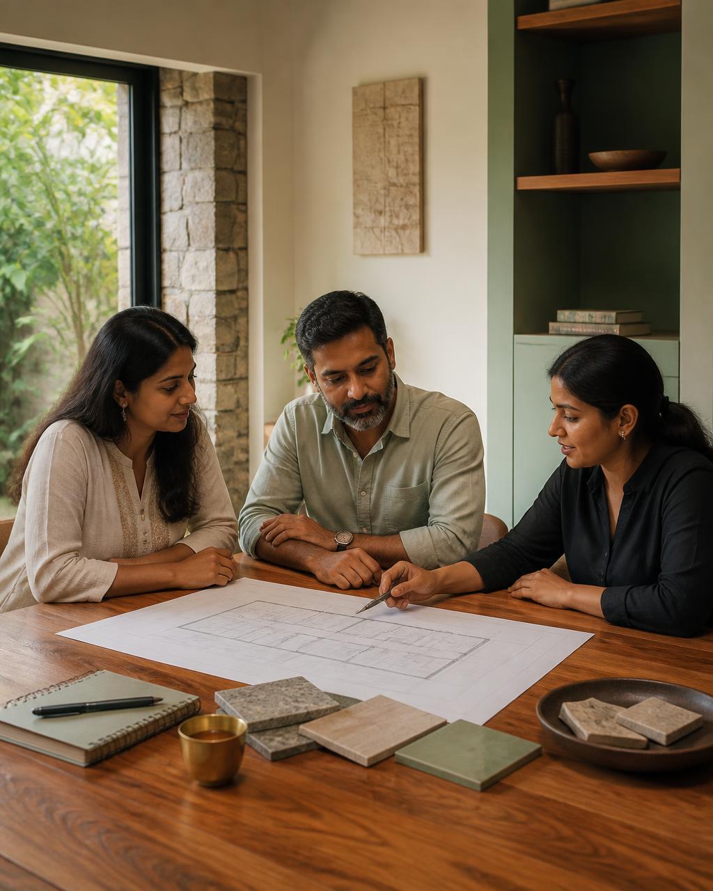 Indian homeowners and a design advisor reviewing house plans and stone samples at a teak table